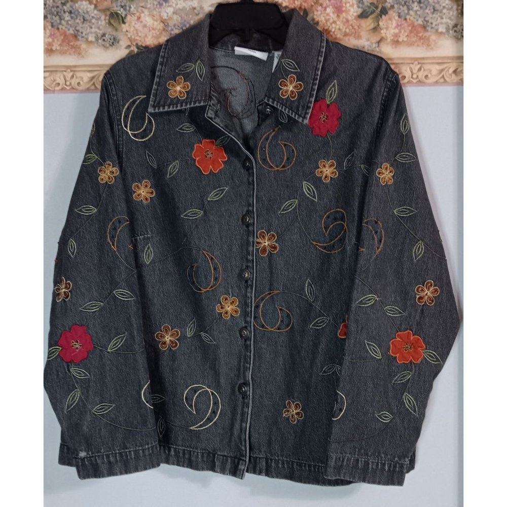 Parisian Works 1X Grey Denim Embroidered Floral Embellished Outdoor Button Jacke